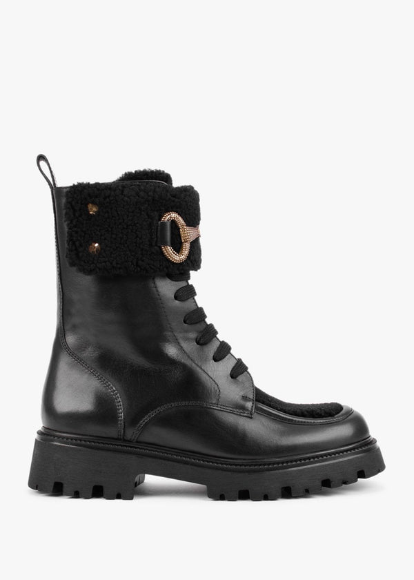 Evashearl Black Leather & Faux Shearling Ankle Boots