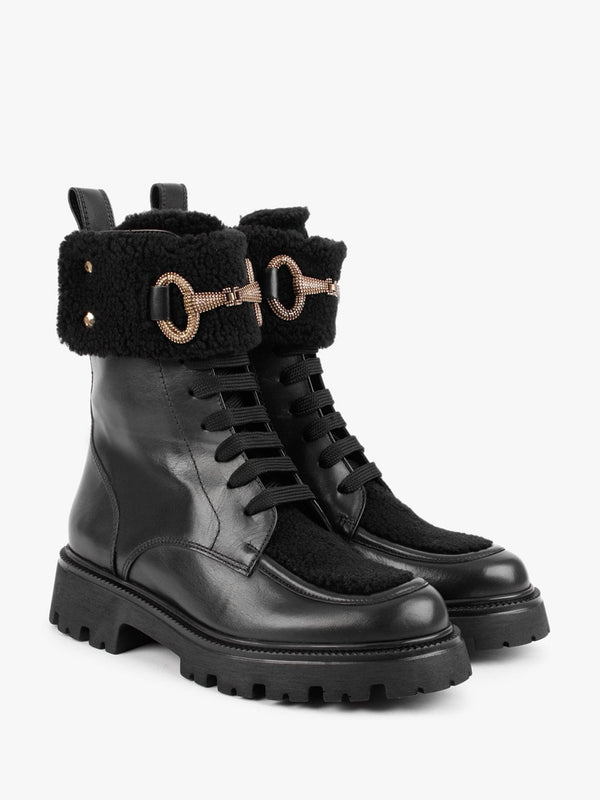 Evashearl Black Leather & Faux Shearling Ankle Boots