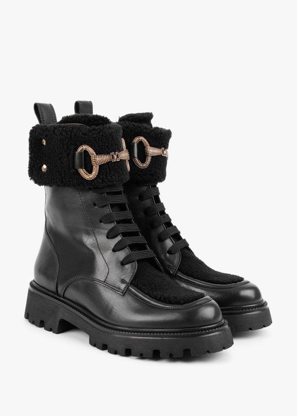 Evashearl Black Leather & Faux Shearling Ankle Boots