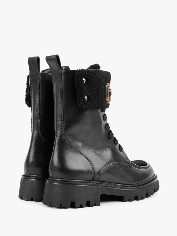 Evashearl Black Leather & Faux Shearling Ankle Boots