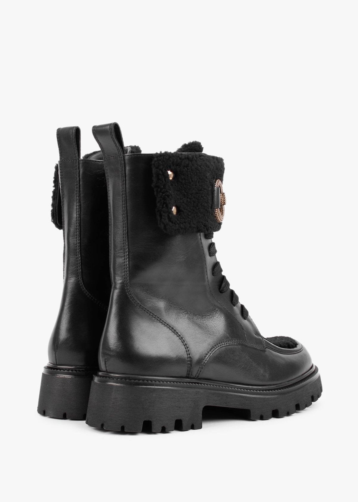 Evashearl Black Leather & Faux Shearling Ankle Boots