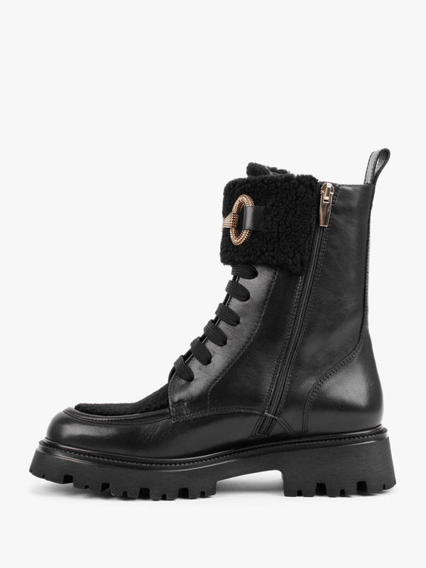 Evashearl Black Leather & Faux Shearling Ankle Boots