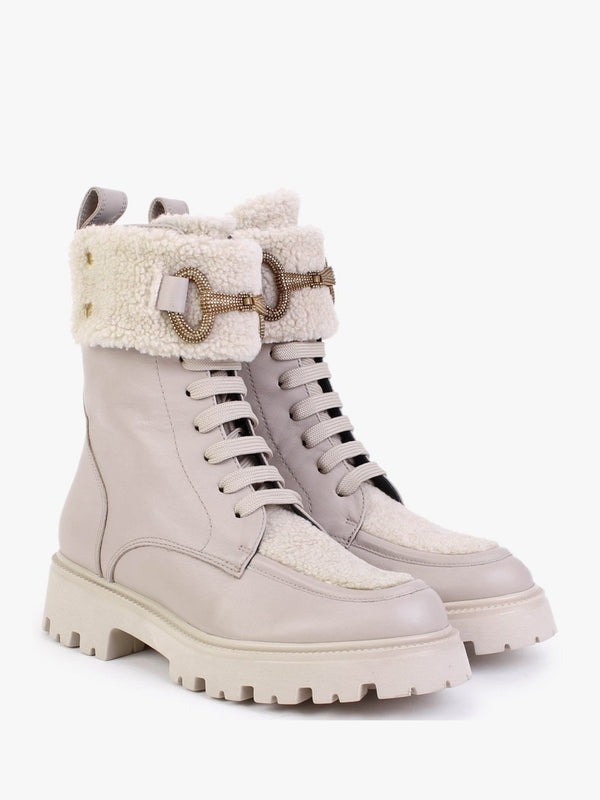 Evashearl Beige Leather & Faux Shearling Ankle Boots