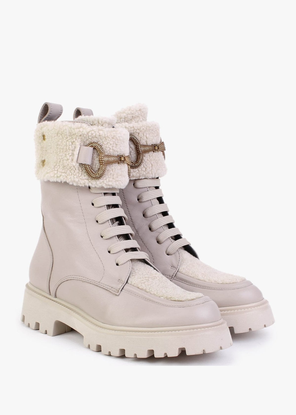 Evashearl Beige Leather & Faux Shearling Ankle Boots