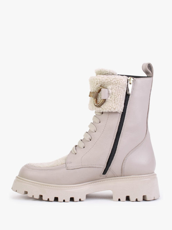 Evashearl Beige Leather & Faux Shearling Ankle Boots