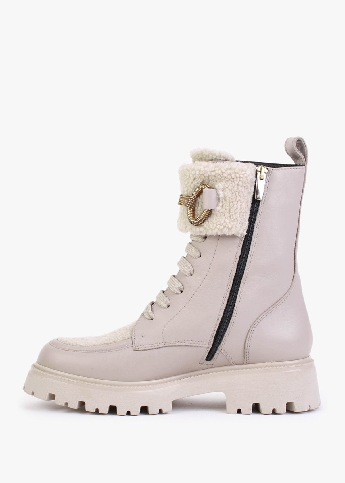 Evashearl Beige Leather & Faux Shearling Ankle Boots