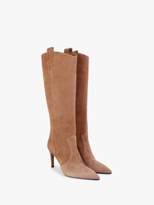 Feeha Tan Suede Elegant Western Knee Boots