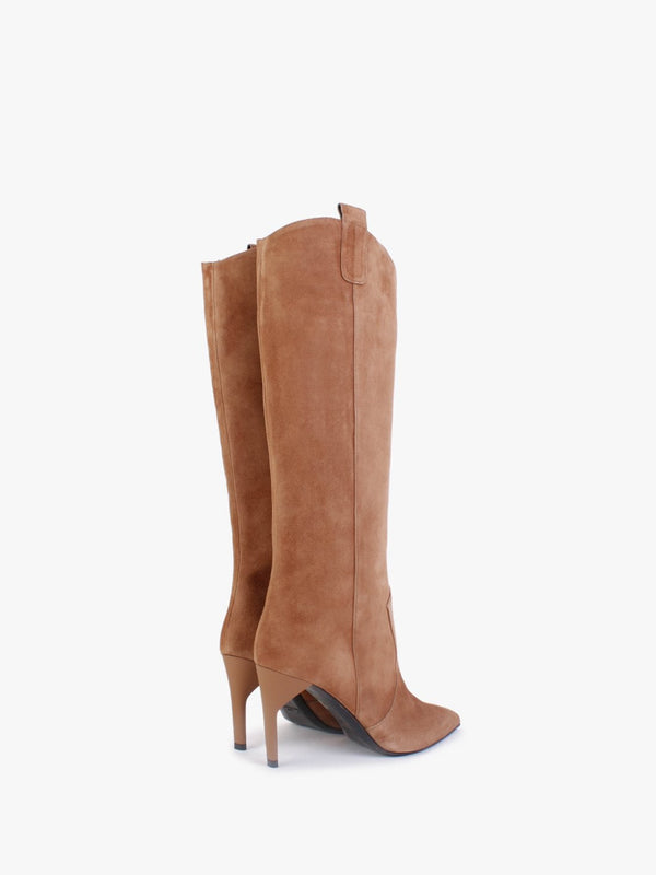 Feeha Tan Suede Elegant Western Knee Boots