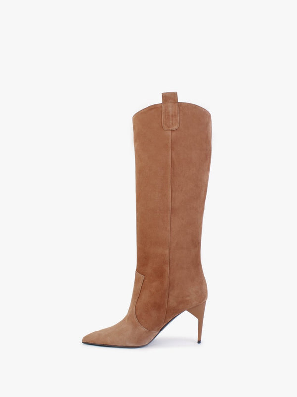 Feeha Tan Suede Elegant Western Knee Boots