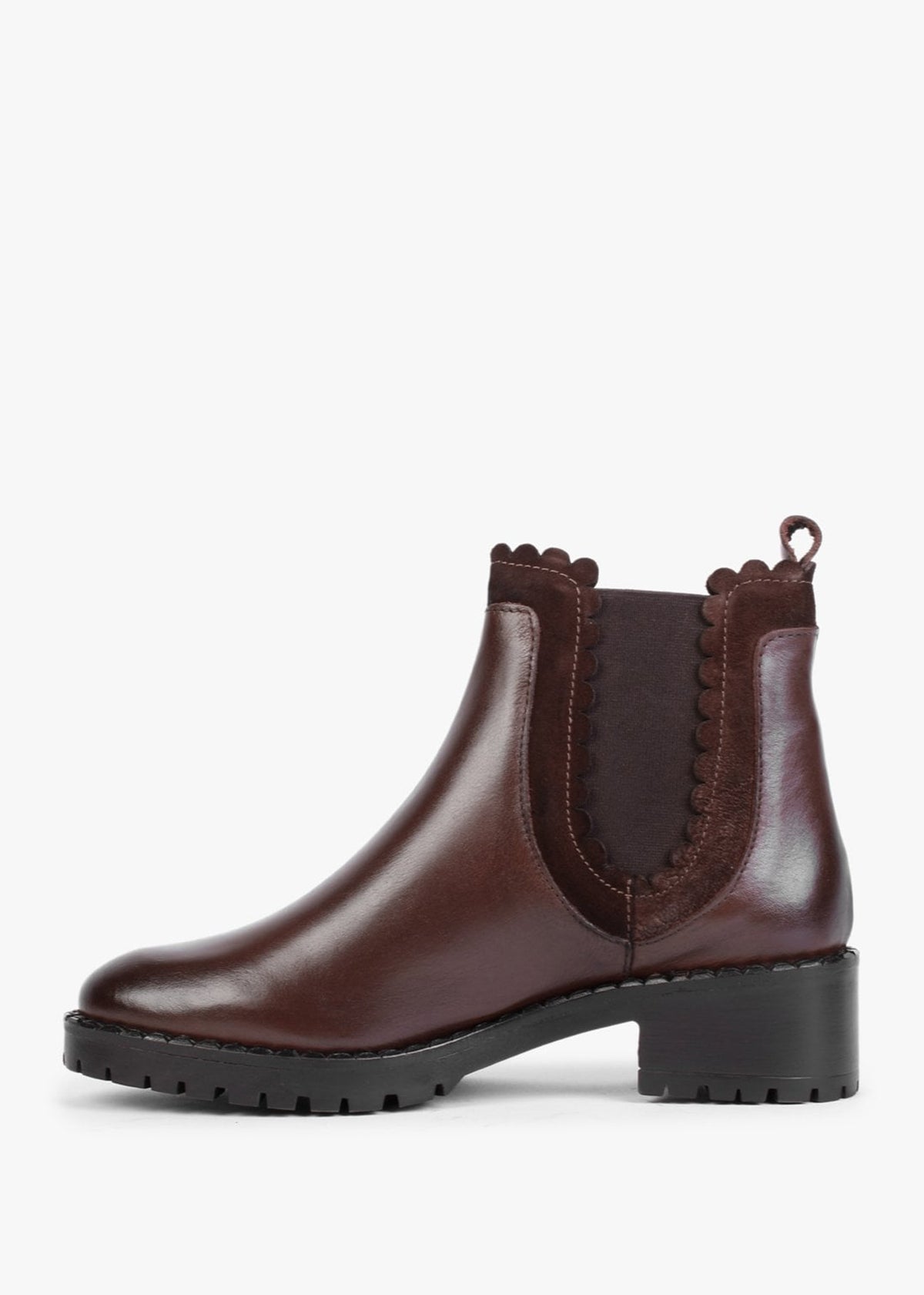 Saryel Brown Leather Scalloped Trim Chelsea Boots