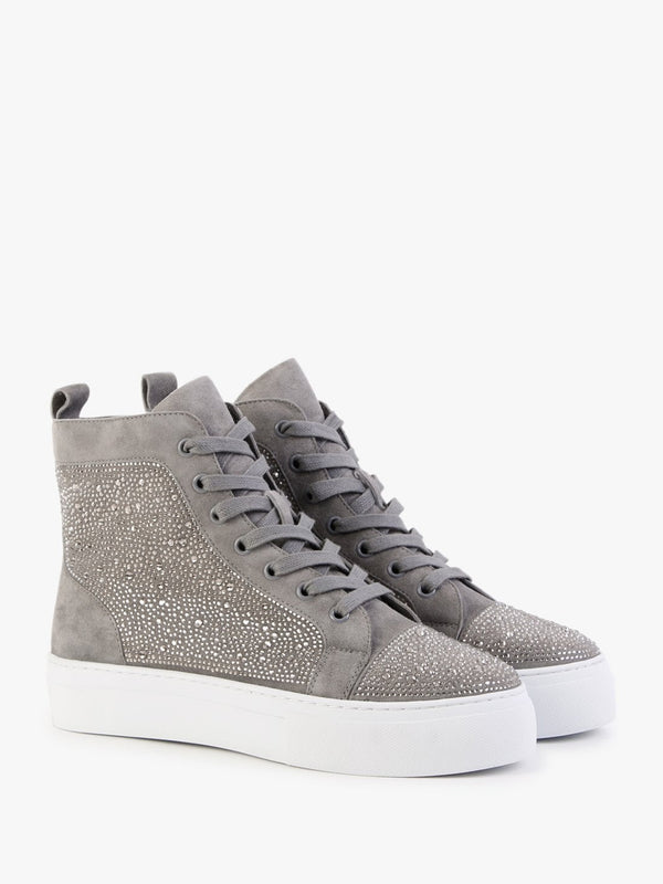 Sellish Grey Suede Crystal Embellished High Top Trainers