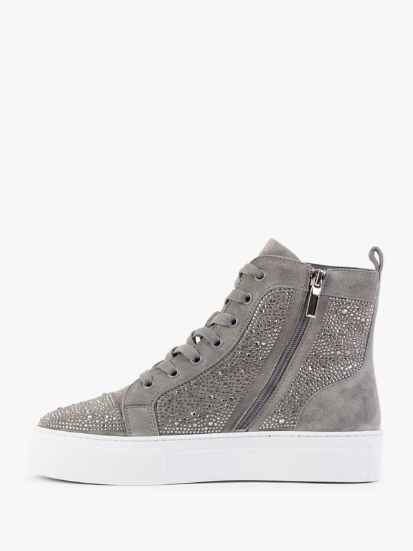 Sellish Grey Suede Crystal Embellished High Top Trainers