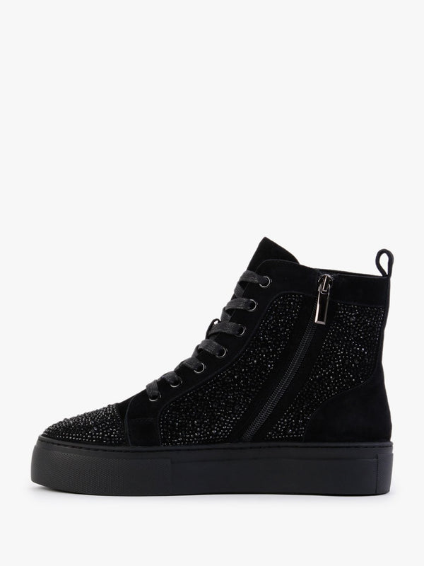 Sellish Black Suede Crystal Embellished High Top Trainers