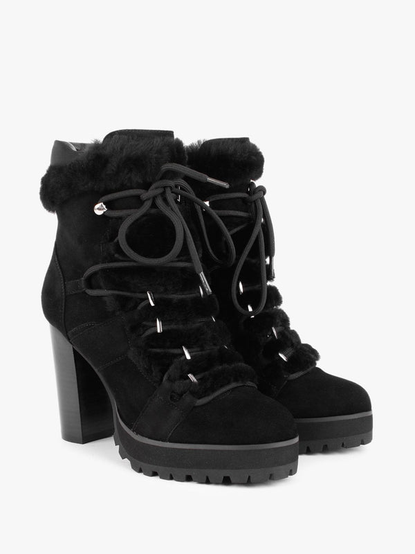 Shearl Black Suede Shearling Trim Heeled Ankle Boots