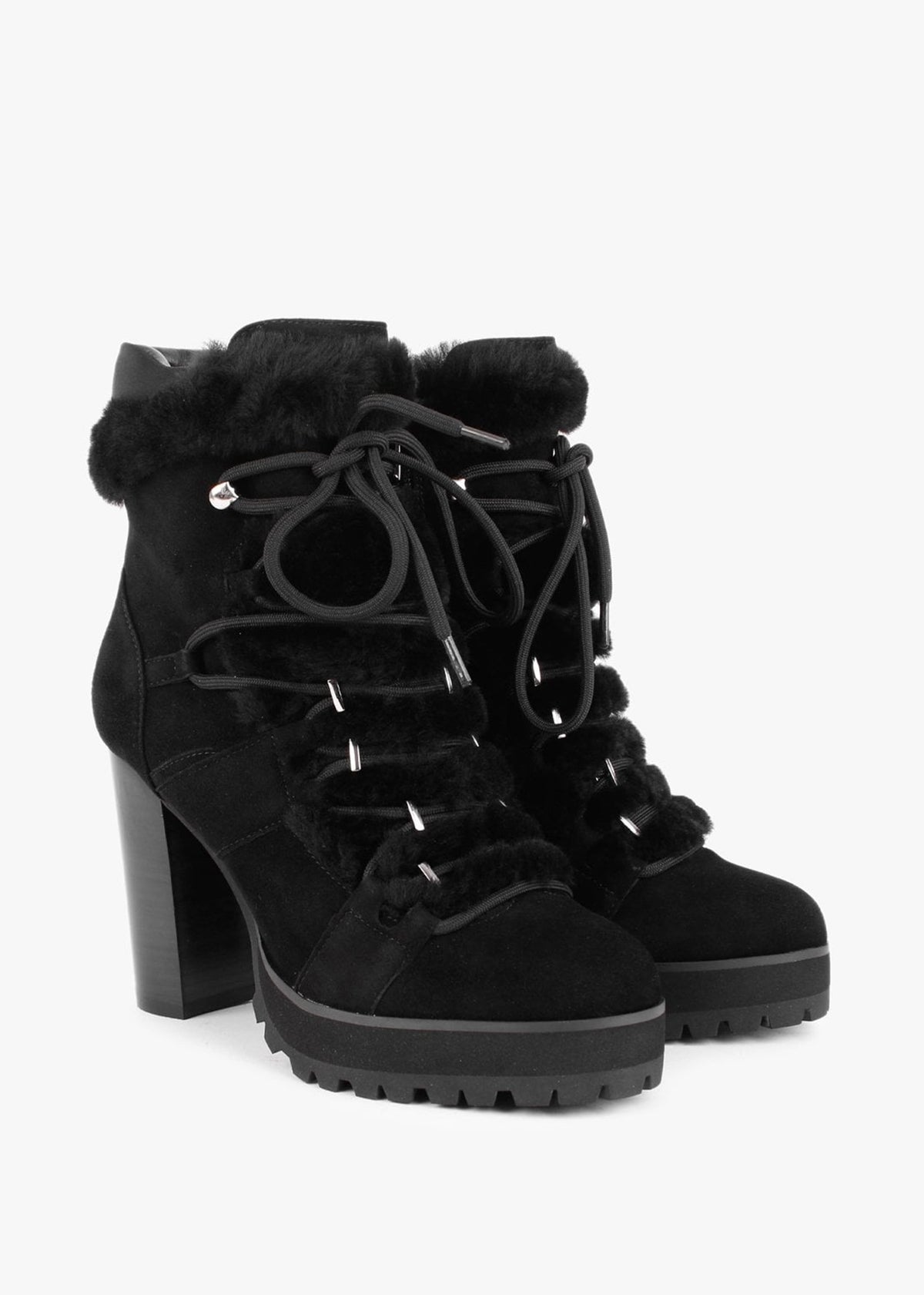Shearl Black Suede Shearling Trim Heeled Ankle Boots