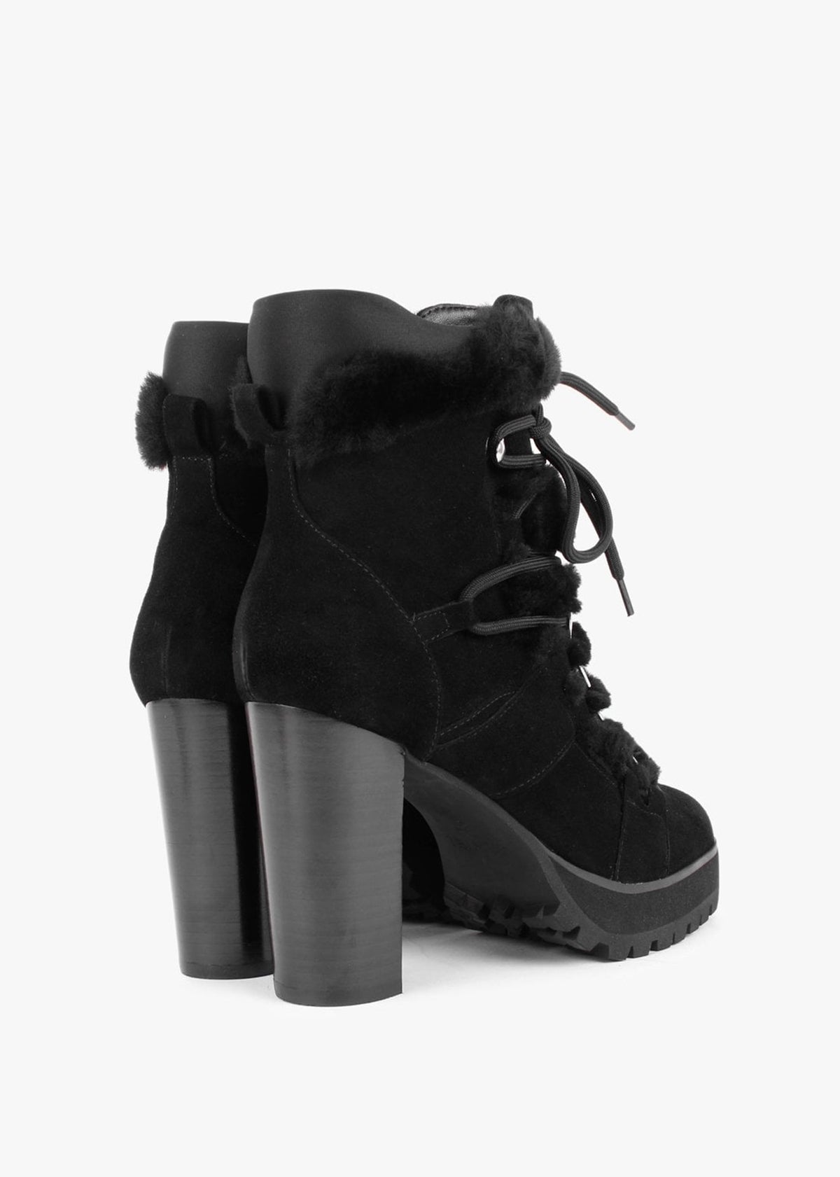 Shearl Black Suede Shearling Trim Heeled Ankle Boots