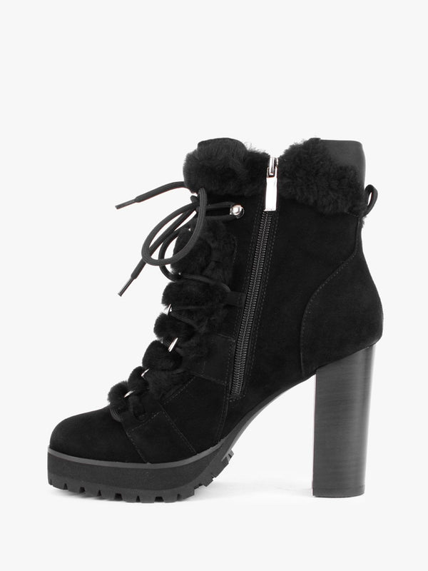 Shearl Black Suede Shearling Trim Heeled Ankle Boots