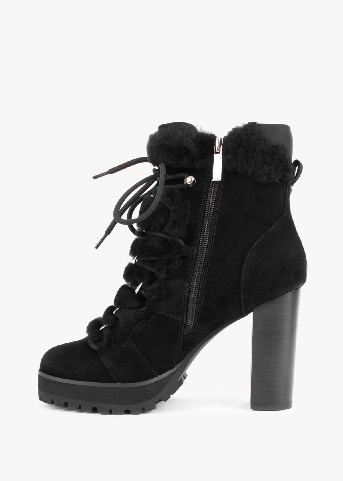 Shearl Black Suede Shearling Trim Heeled Ankle Boots