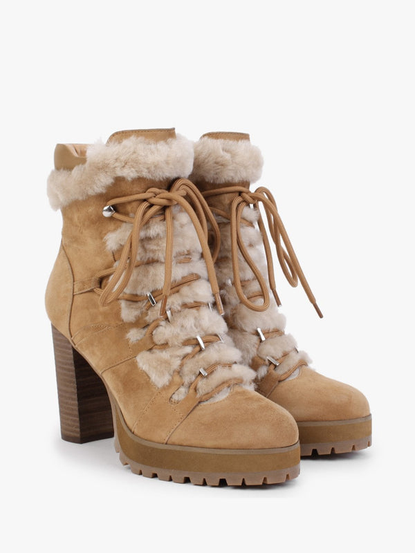 Shearl Tan Suede Shearling Trim Heeled Ankle Boots