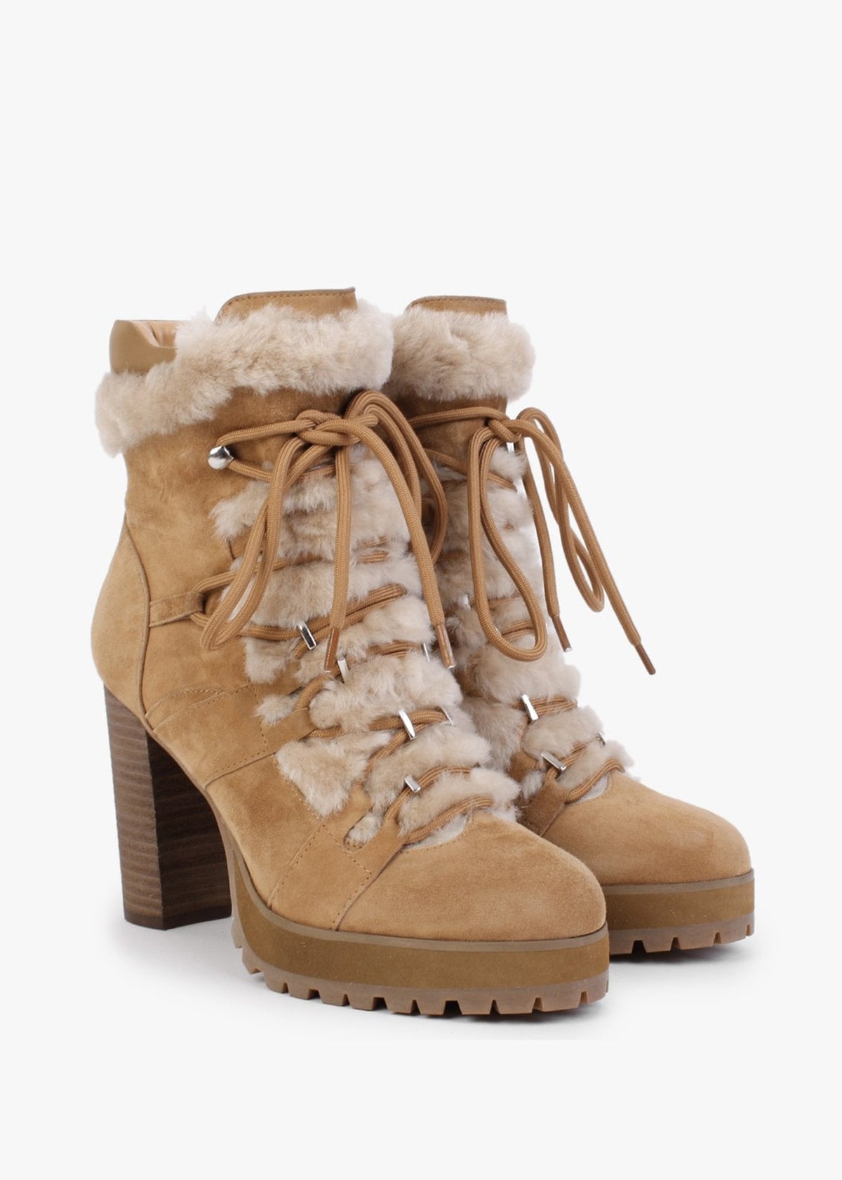 Shearl Tan Suede Shearling Trim Heeled Ankle Boots