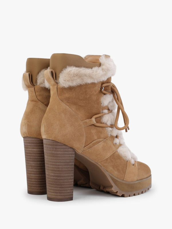 Shearl Tan Suede Shearling Trim Heeled Ankle Boots