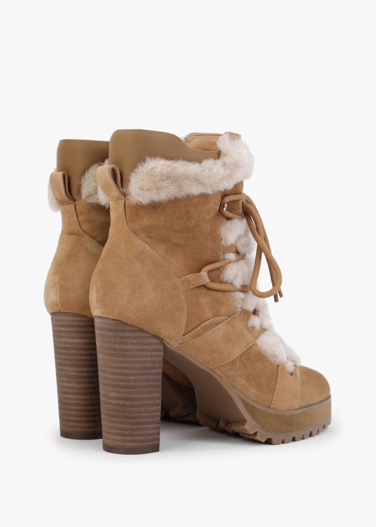 Shearl Tan Suede Shearling Trim Heeled Ankle Boots