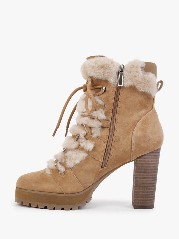 Shearl Tan Suede Shearling Trim Heeled Ankle Boots