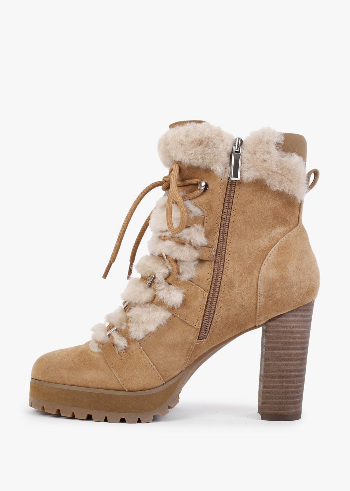 Shearl Tan Suede Shearling Trim Heeled Ankle Boots