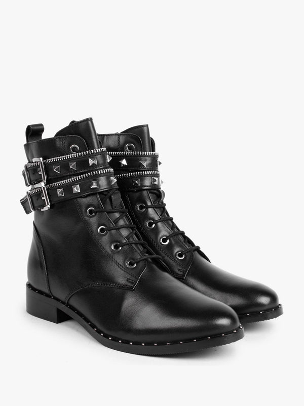 Sitfield Black Leather Studded Biker Boots