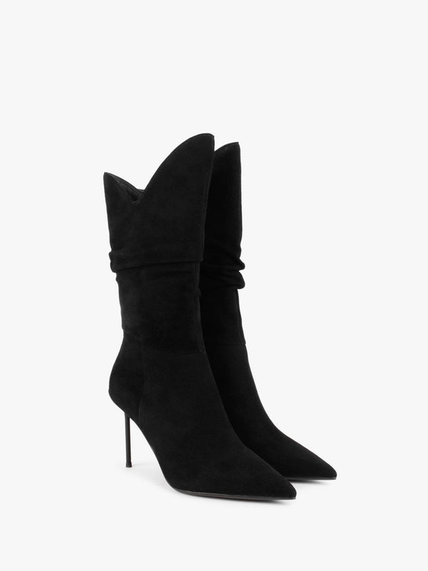 Slimmor Black Suede Ruched Calf Boots