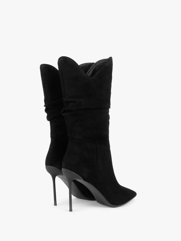 Slimmor Black Suede Ruched Calf Boots