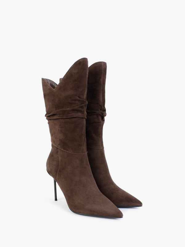Slimmor Brown Suede Ruched Calf Boots