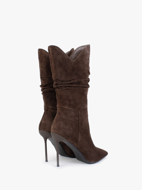Slimmor Brown Suede Ruched Calf Boots