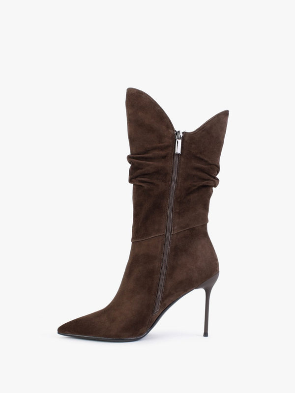 Slimmor Brown Suede Ruched Calf Boots
