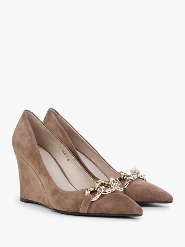 Sochain Tan Suede Embellished Wedge Court Shoes