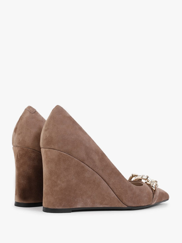 Sochain Tan Suede Embellished Wedge Court Shoes