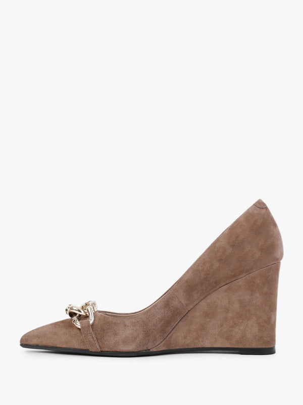 Sochain Tan Suede Embellished Wedge Court Shoes