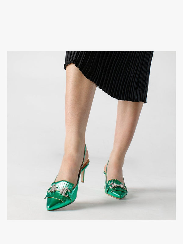 Alunar Green Leather Sling Back Heels
