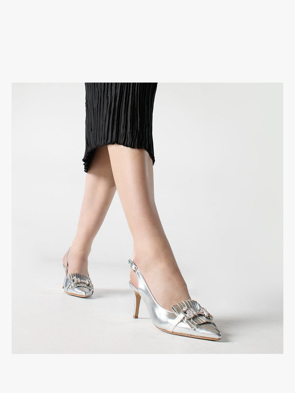 Alunar Silver Leather Sling Back Heels