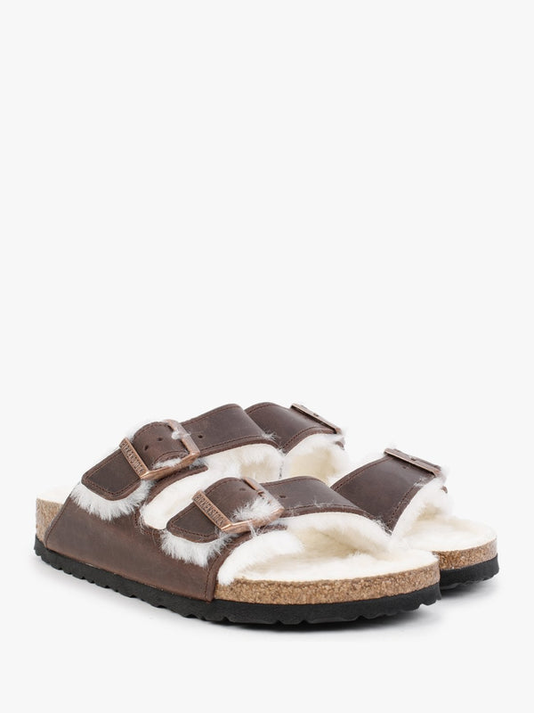 Arizona Shearling Habana Waxy Oiled Leather Two Bar Mules