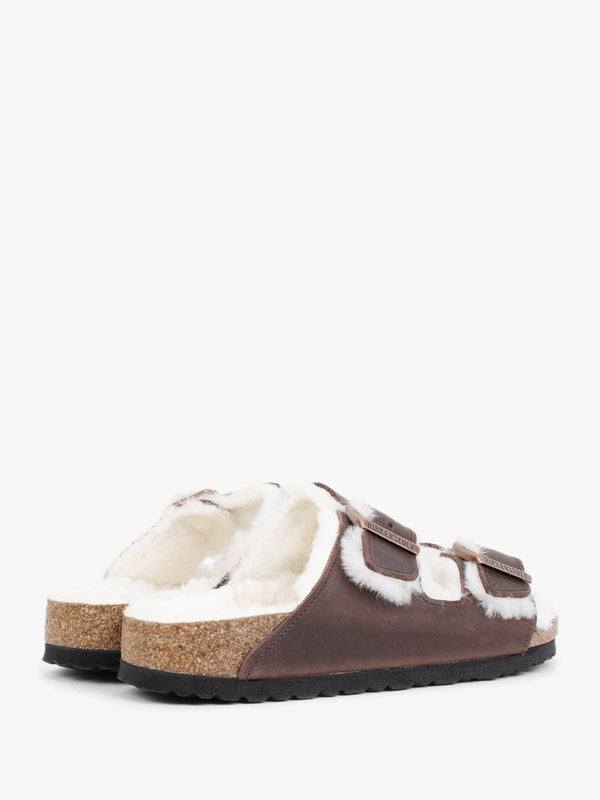 Arizona Shearling Habana Waxy Oiled Leather Two Bar Mules