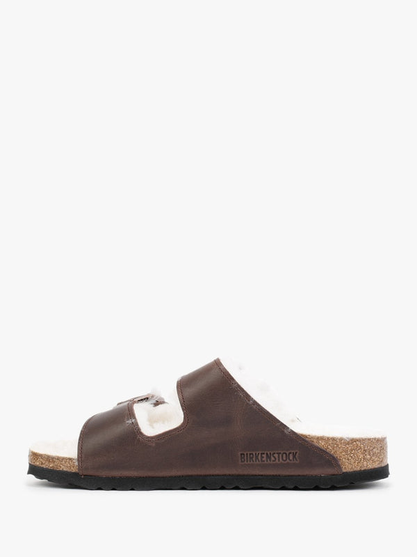 Arizona Shearling Habana Waxy Oiled Leather Two Bar Mules