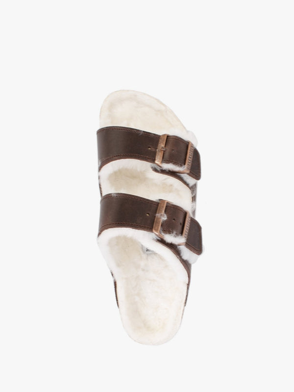 Arizona Shearling Habana Waxy Oiled Leather Two Bar Mules