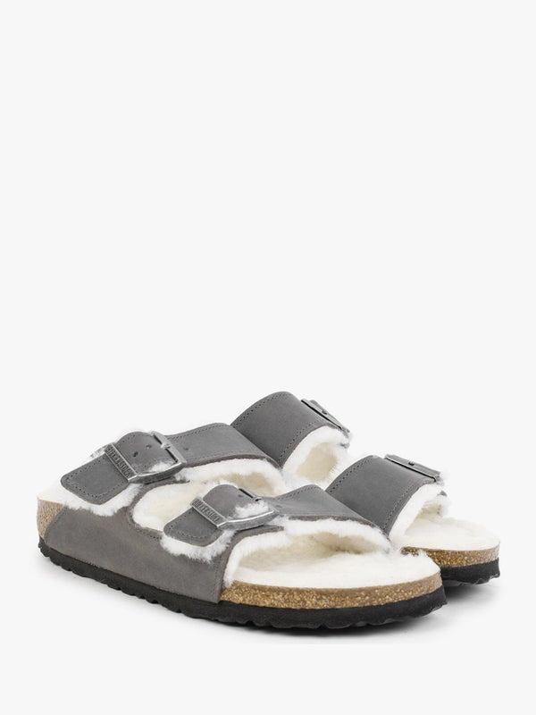 Arizona Shearling Iron Waxy Oiled Leather Two Bar Mules