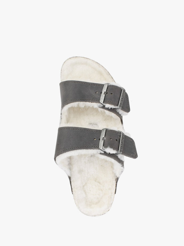 Arizona Shearling Iron Waxy Oiled Leather Two Bar Mules