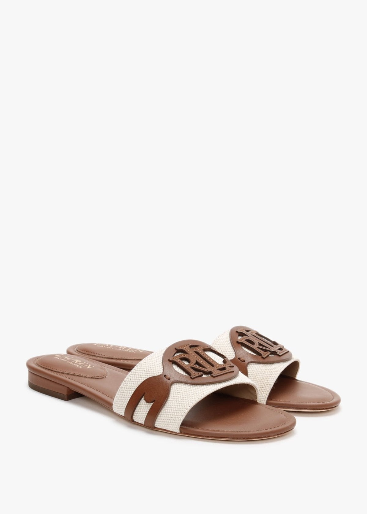 Alegra Canvas & Leather Natural Tan Logo Mules
