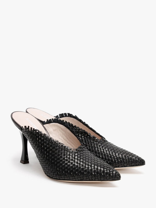 Black Woven Pointed Toe Heeled Mules