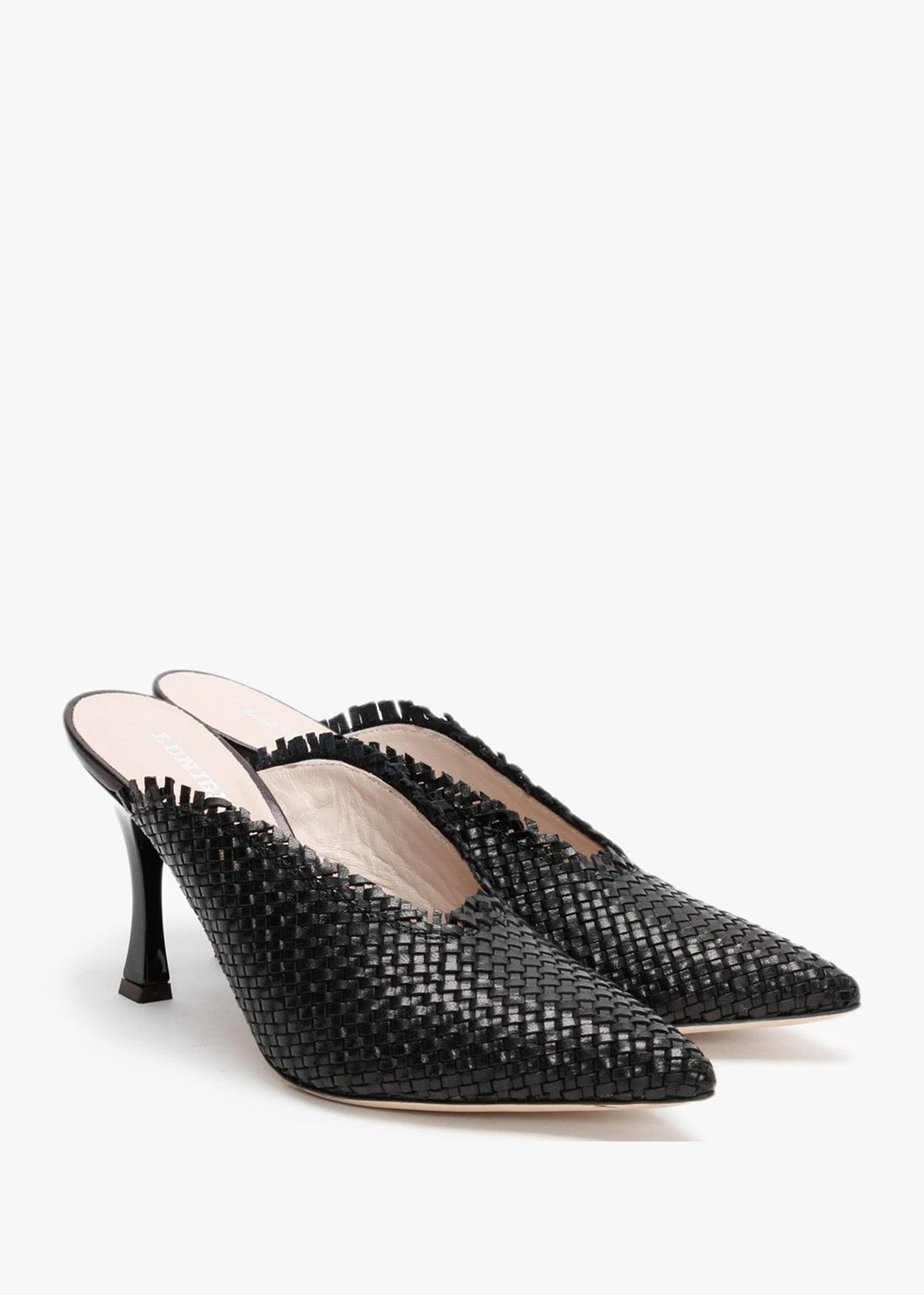 Black Woven Pointed Toe Heeled Mules