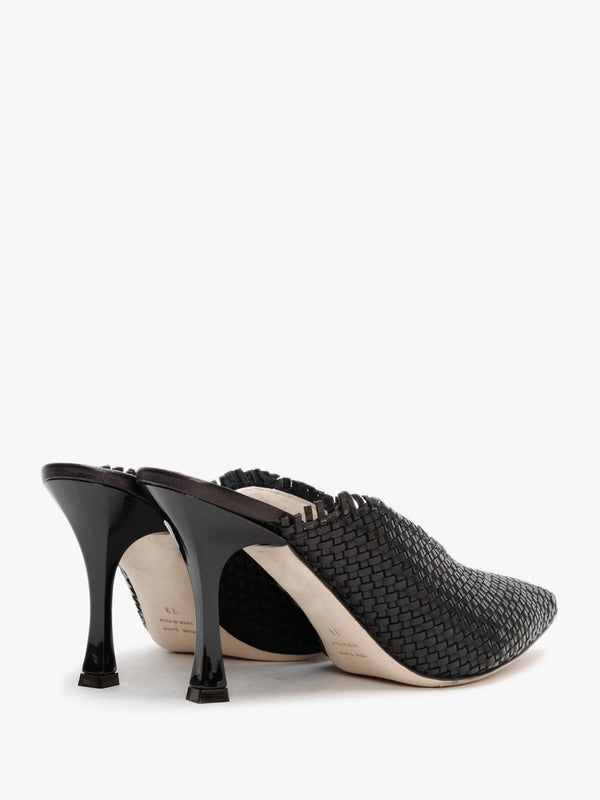 Black Woven Pointed Toe Heeled Mules