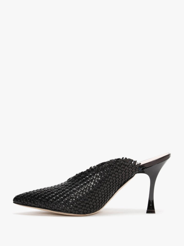 Black Woven Pointed Toe Heeled Mules